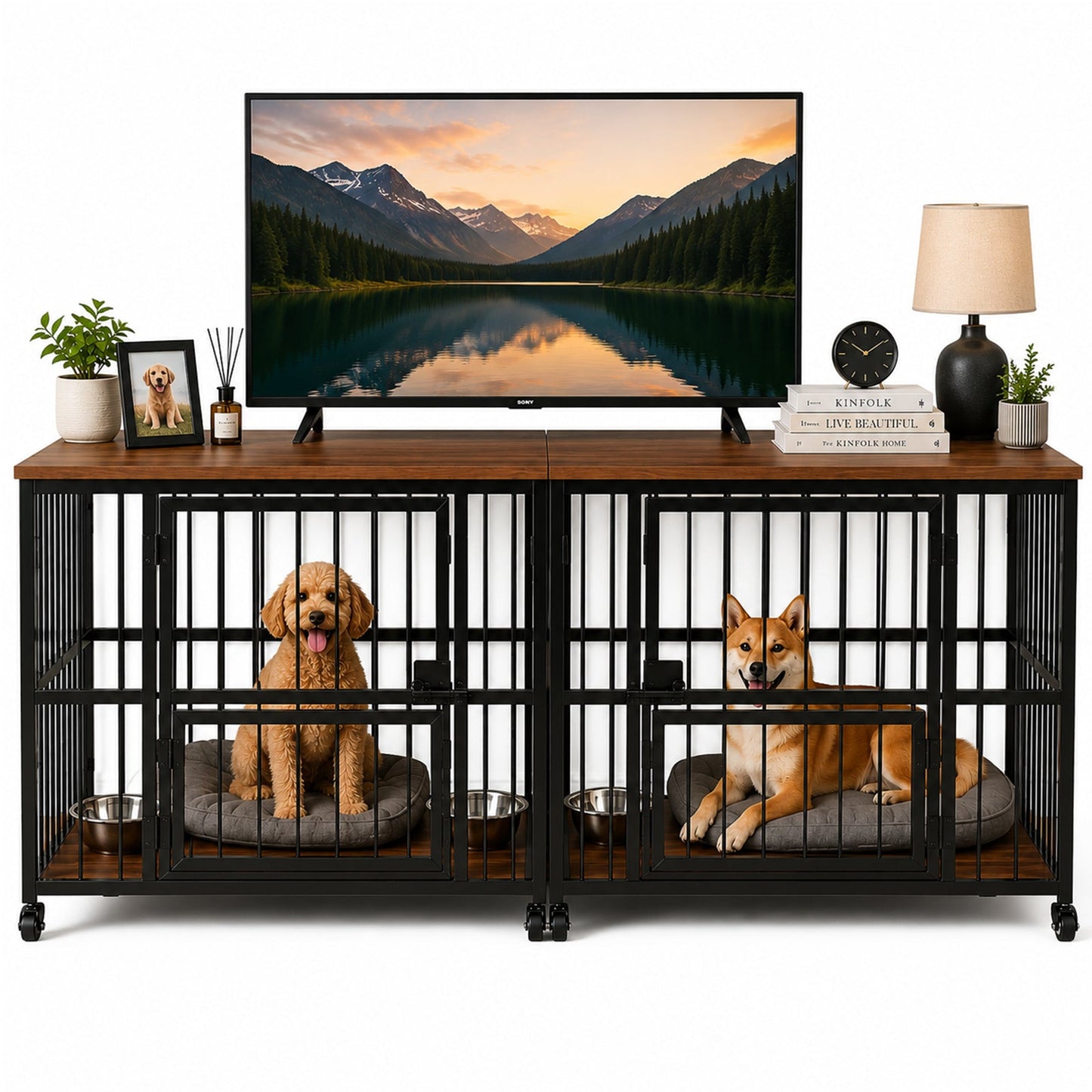 Advwin 2-in-1 Heavy-Duty Dog Crate Furniture for 2 Dogs