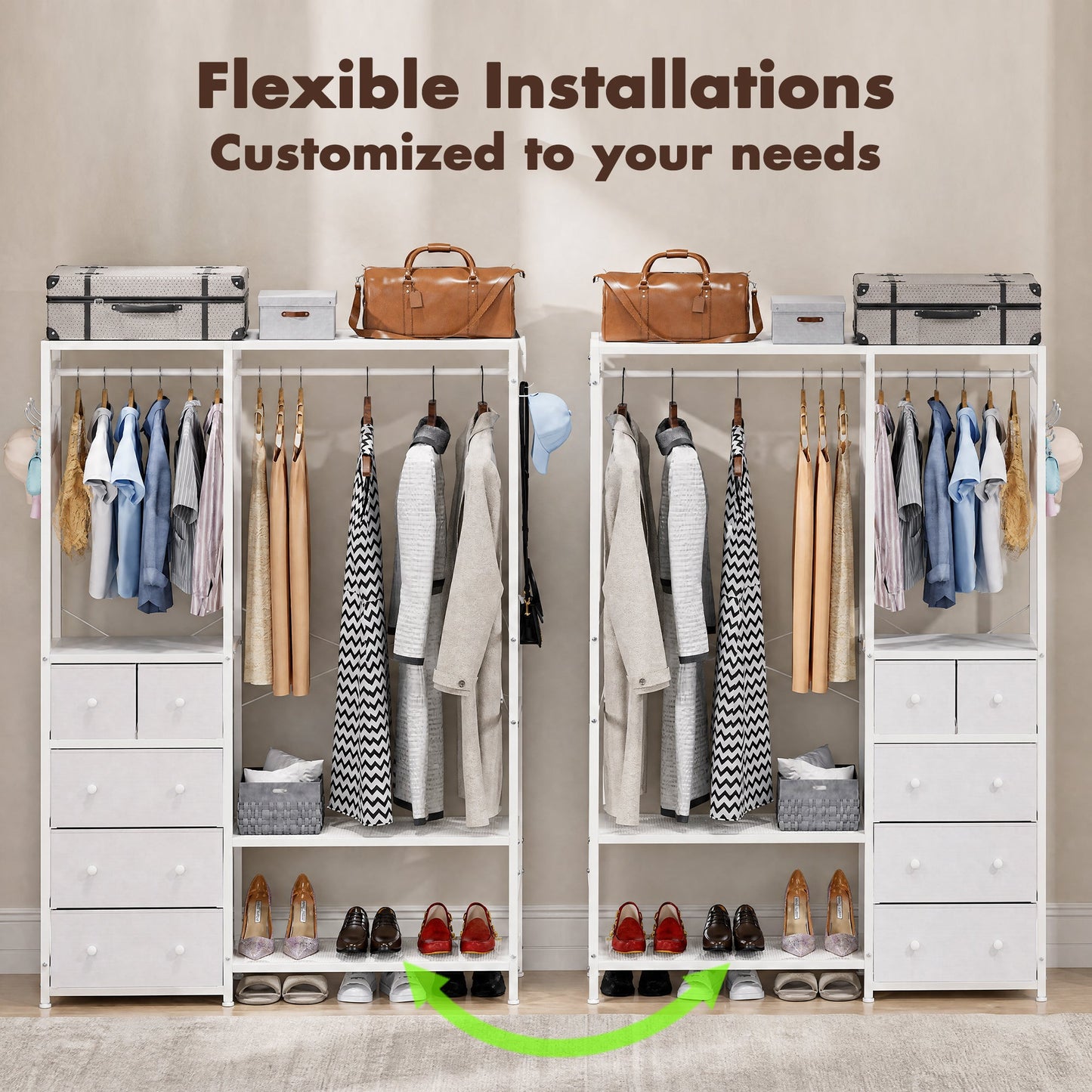 Advwin Portable Wardrobe with 2 Rods & 5 Drawers