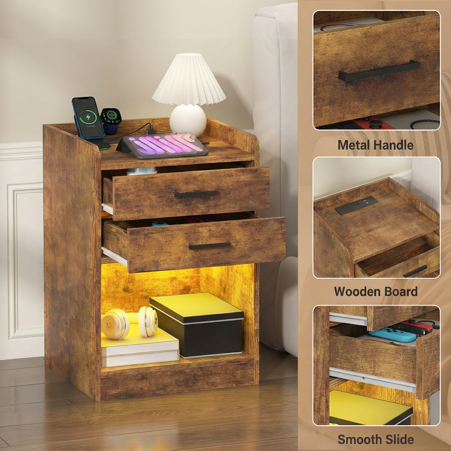 Advwin LED Bedside Table with Charging Station