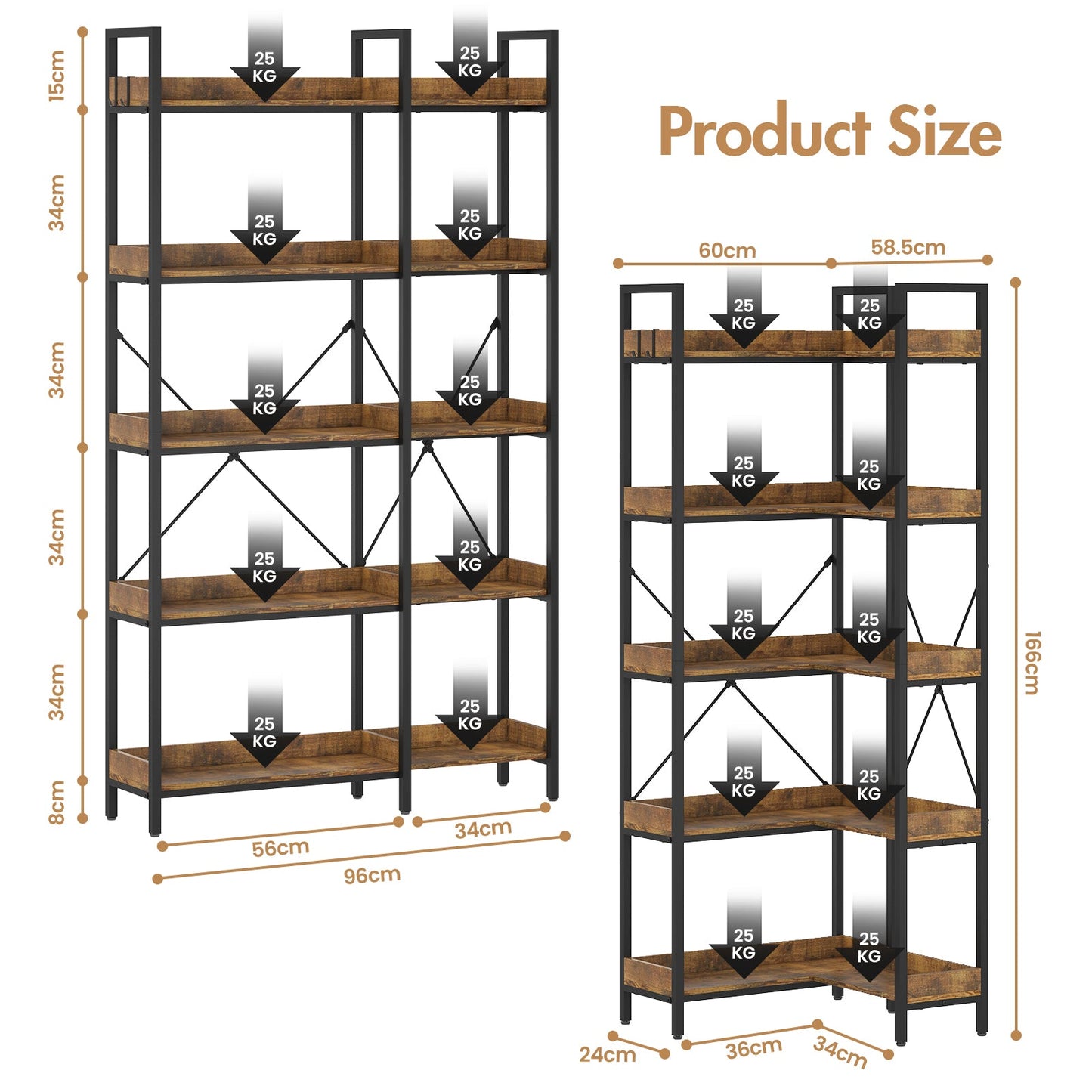Advwin 5-Tier Corner Bookshelf Convertible L Shaped Bookcase