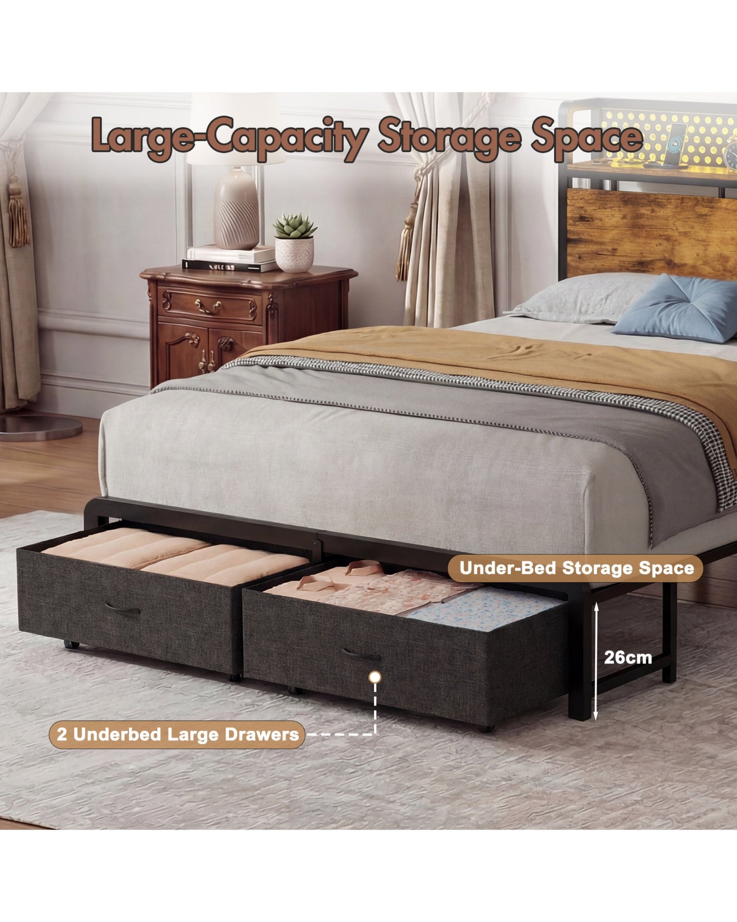 Advwin LED Bed Frame w/ Charging & 2 Drawers