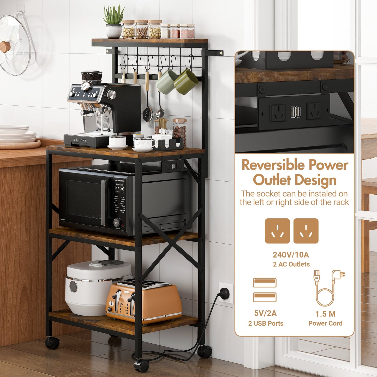 Advwin 4 Tiers Kitchen Bakers Rack with Power Outlet