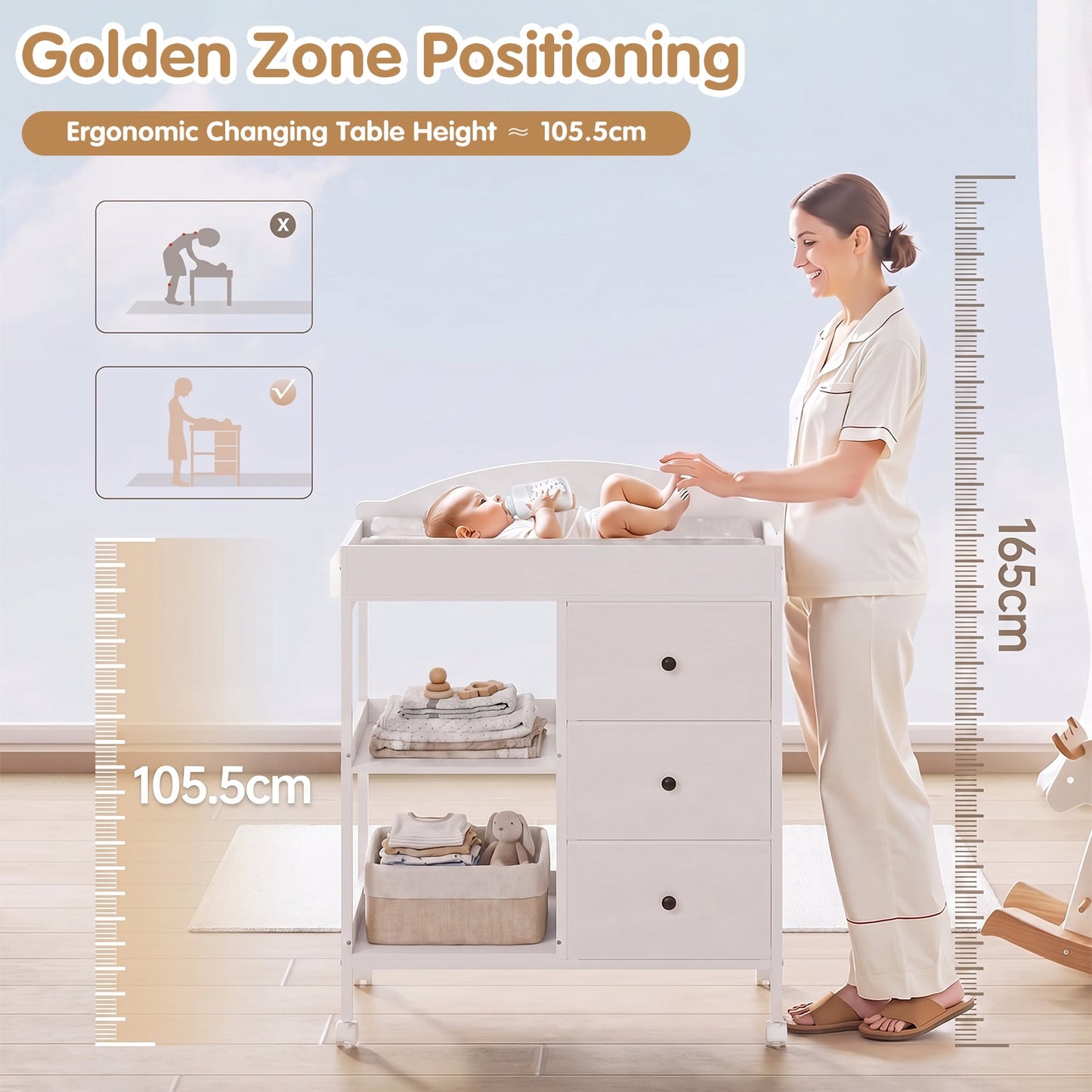Advwin Baby Change Table with Casters & Drawers