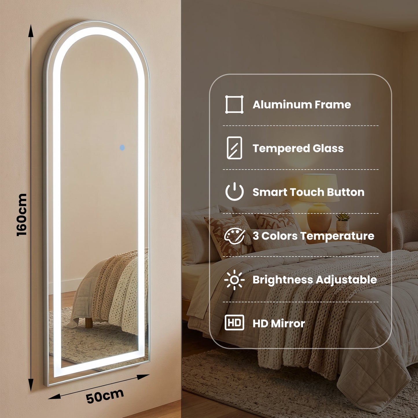 Advwin LED Arched Full Length Floor Mirror Wall Mounted
