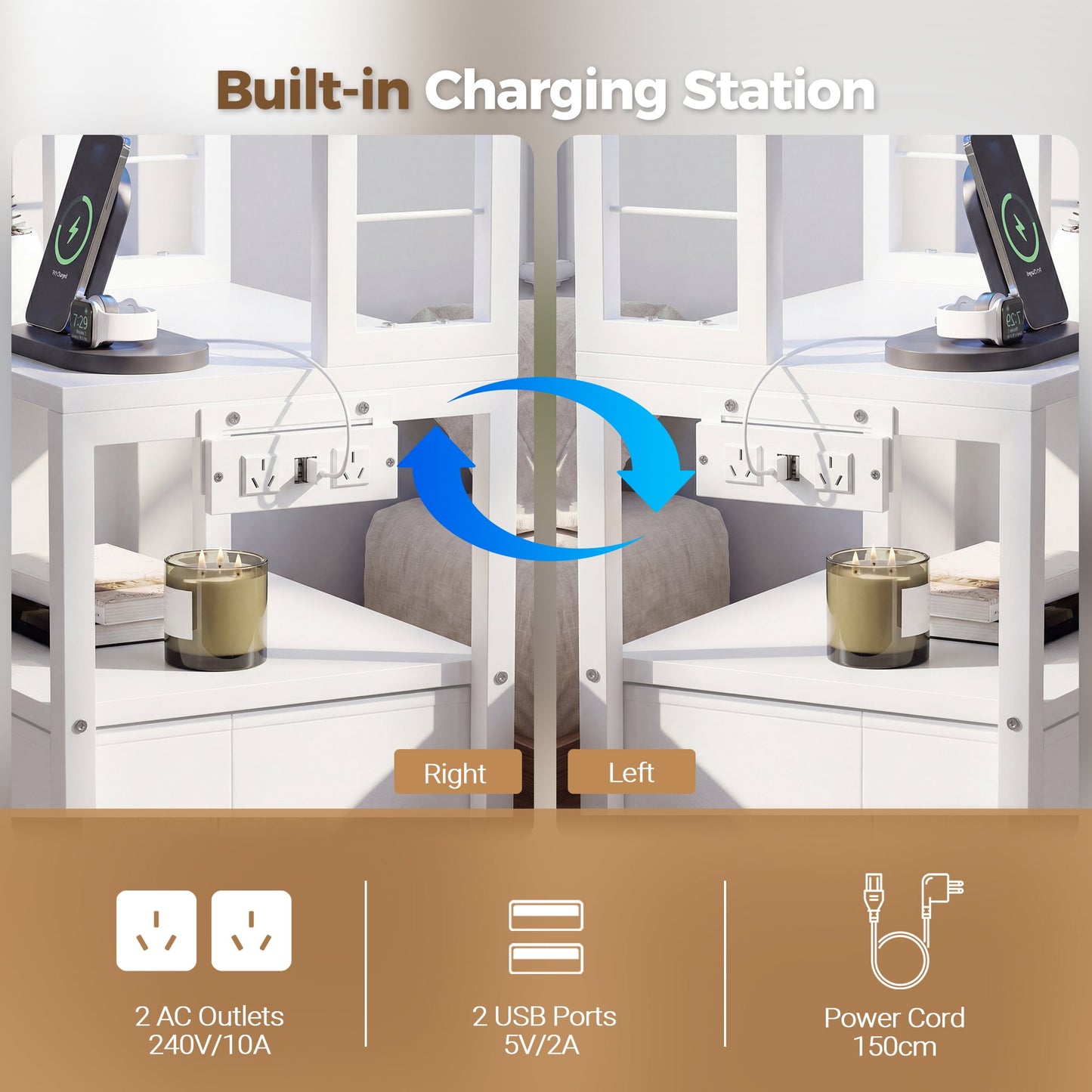 Advwin Bedside Table with Charging Station
