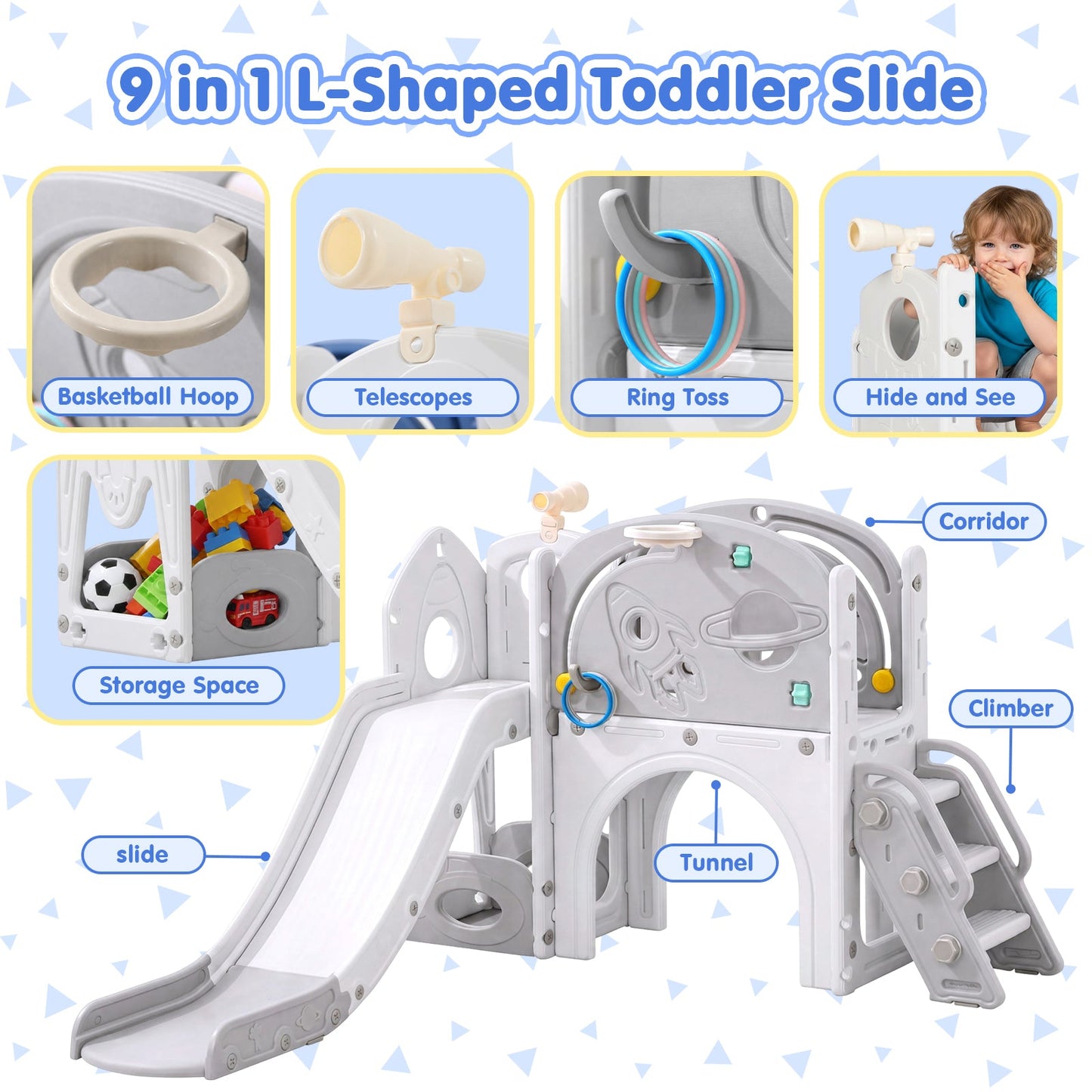 Advwin 9 in 1 L-Shaped Toddler Slide Playset