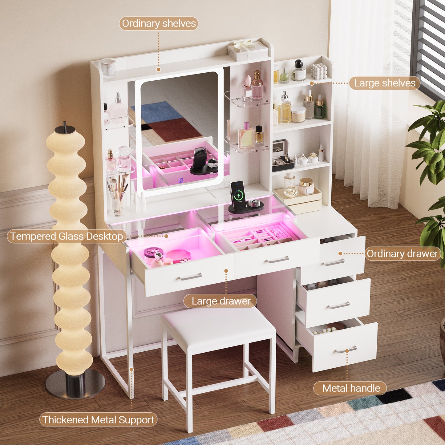 Advwin Dressing Table Set with Glass Desktop LED Light