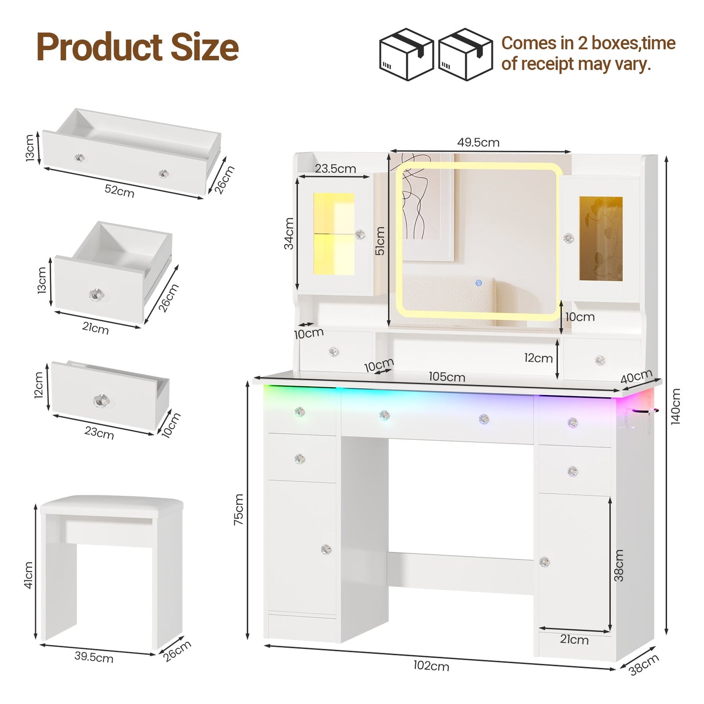 Advwin Dressing Table with RGB Light & Jewelry Cabinet