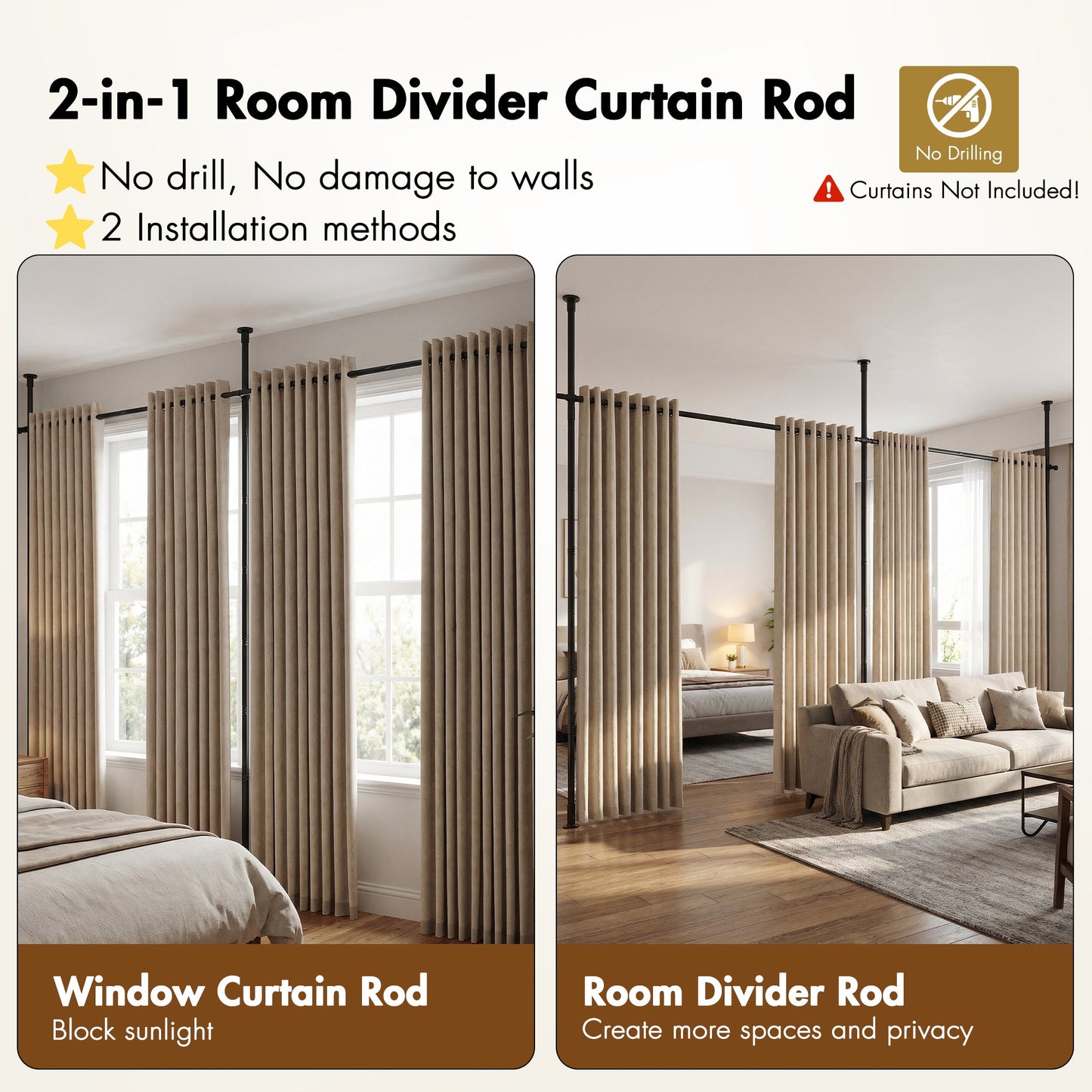 Advwin No Drill Adjustable Room Divider Curtain Rod Black