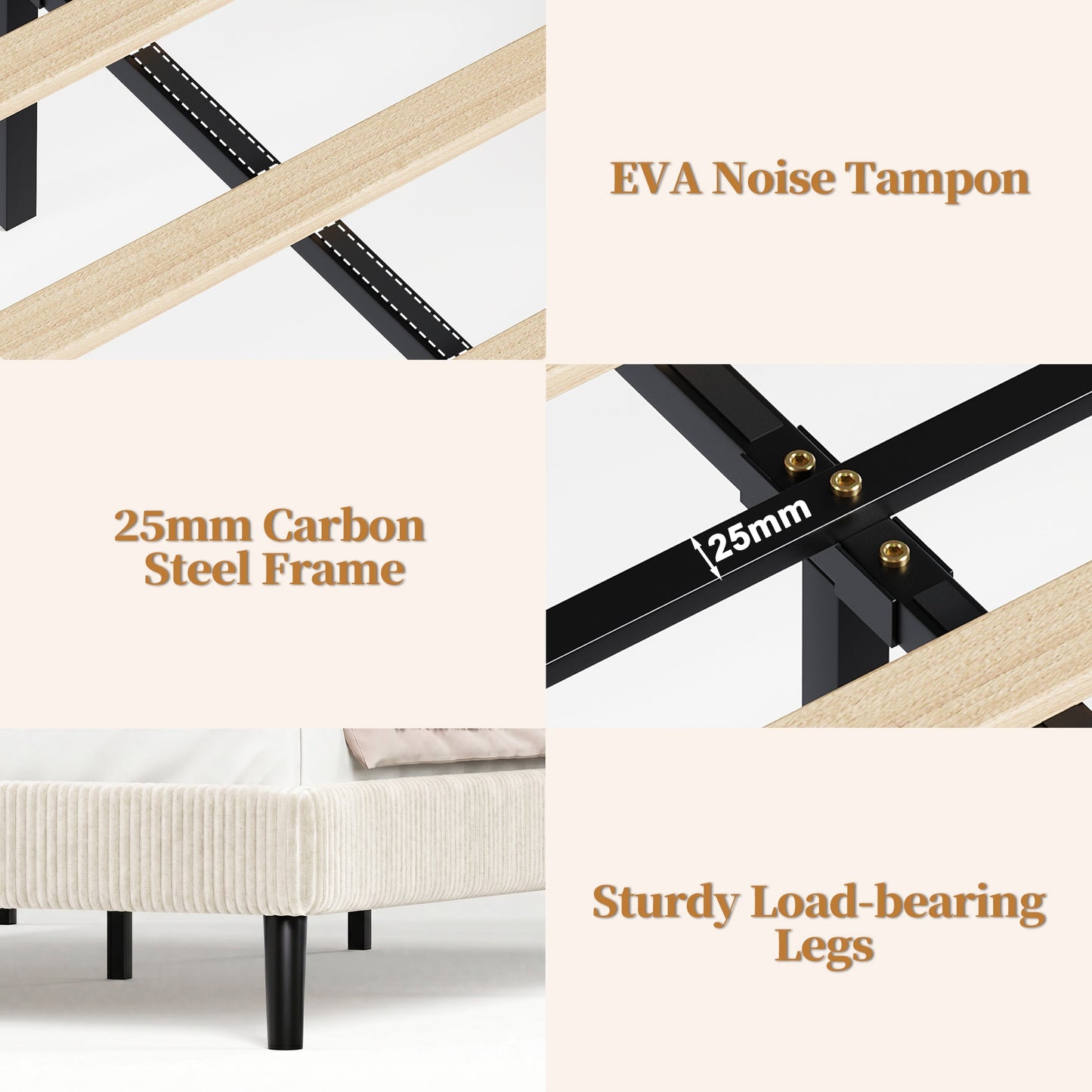 Advwin Upholstered Bed w/ Adjustable Headboard Beige