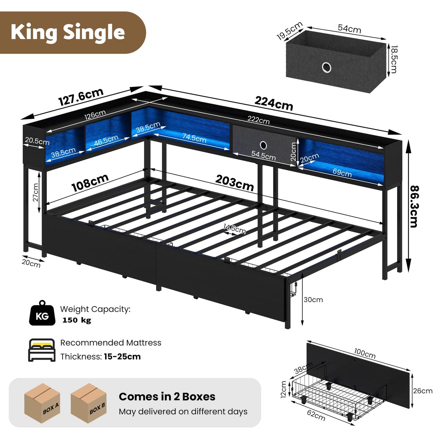 Advwin King Single Corner Bed Frame with Storage Drawers