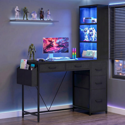 Advwin LED Computer Desk with Reversible Bookshelf