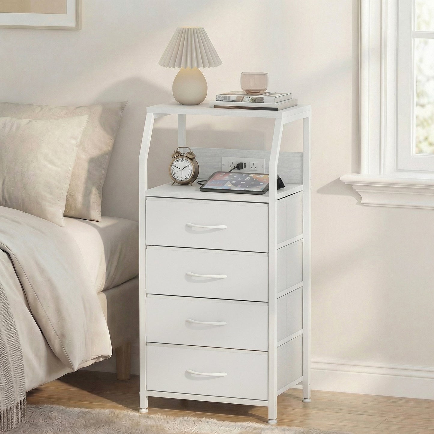 Advwin Bedside Table with 4 Drawers and Charging Station