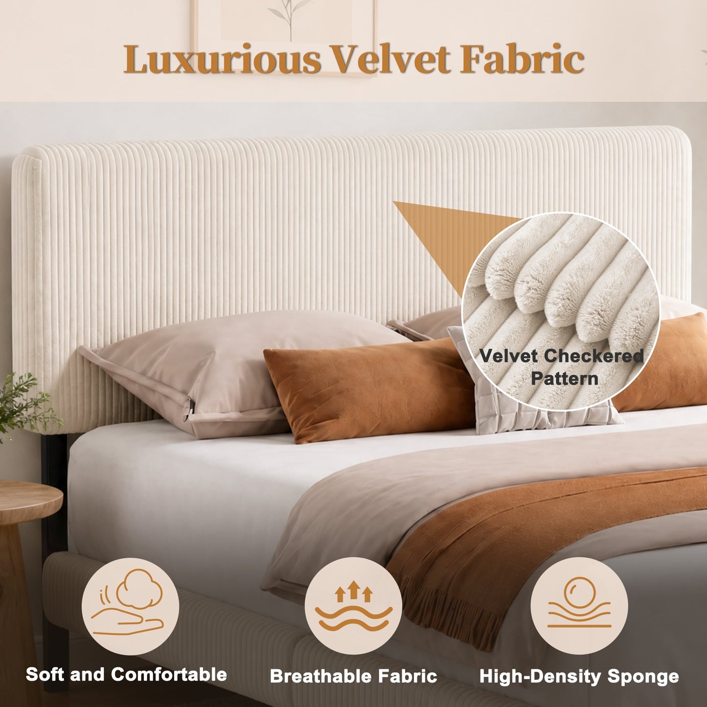 Advwin Upholstered Bed w/ Adjustable Headboard Beige