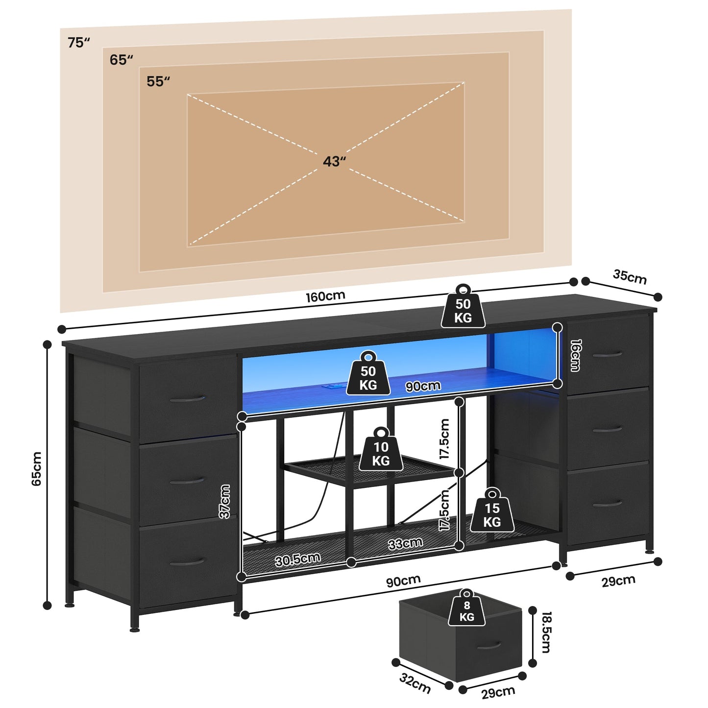 Advwin 160cm TV Unit Cabinet with 6 Drawers & Open Shelf
