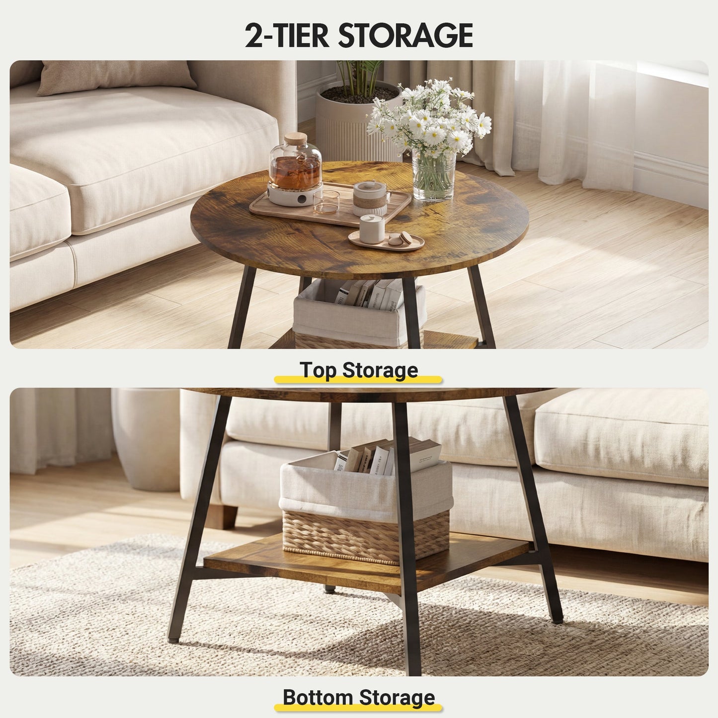 Advwin 73cm Round Coffee Table 2-Tier w/ Open Shelf