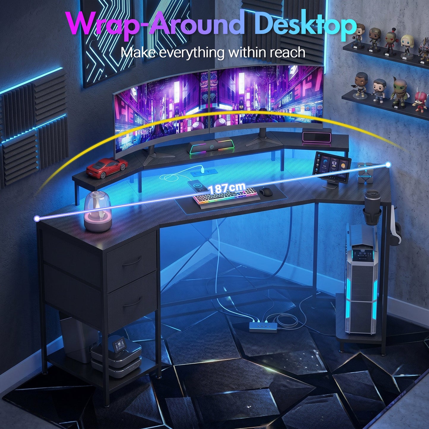 Advwin 185cm LED Gaming Desk w/ Monitor Stand Black