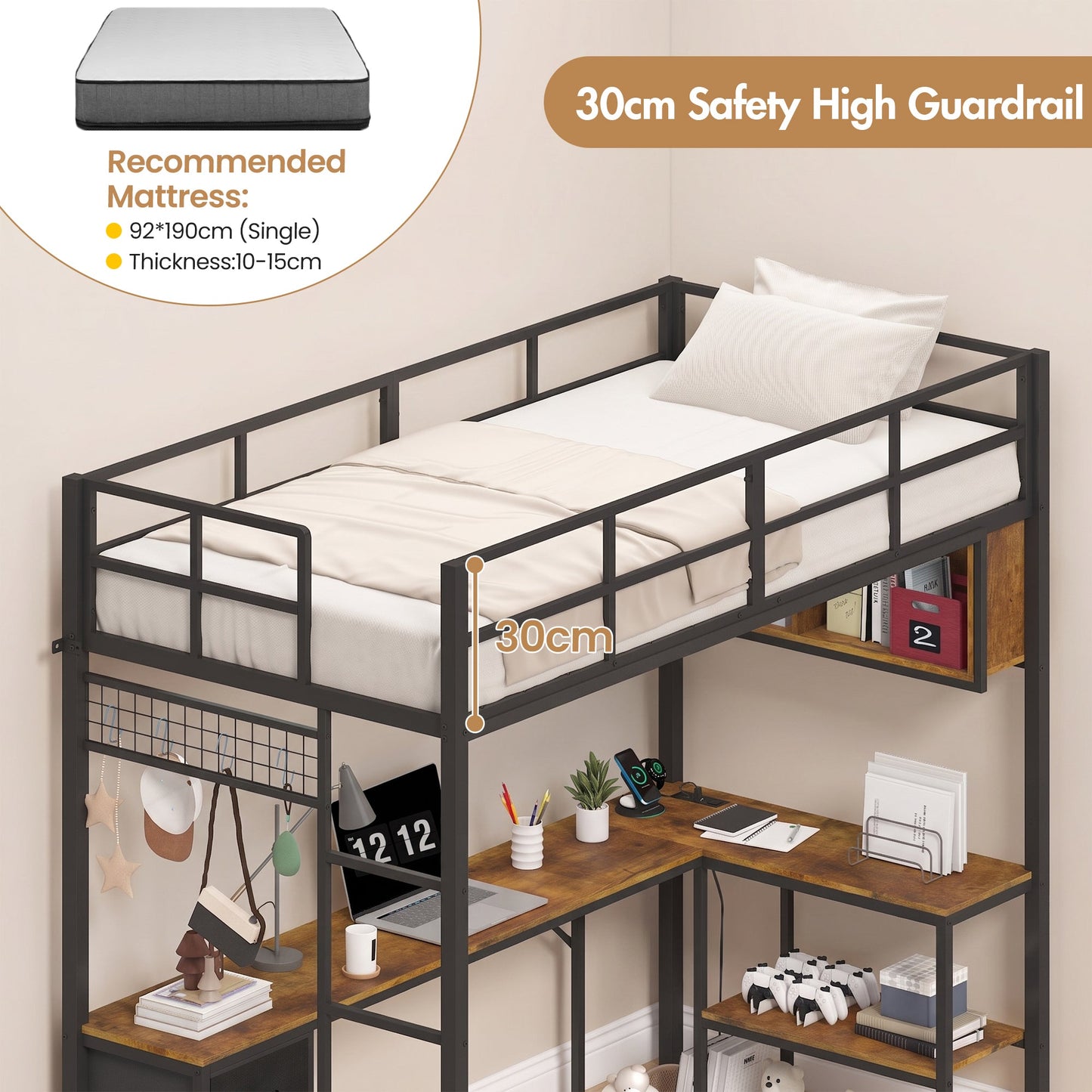 Advwin LED Loft Bed Frame w/ L-Shaped Desk & Charging Station