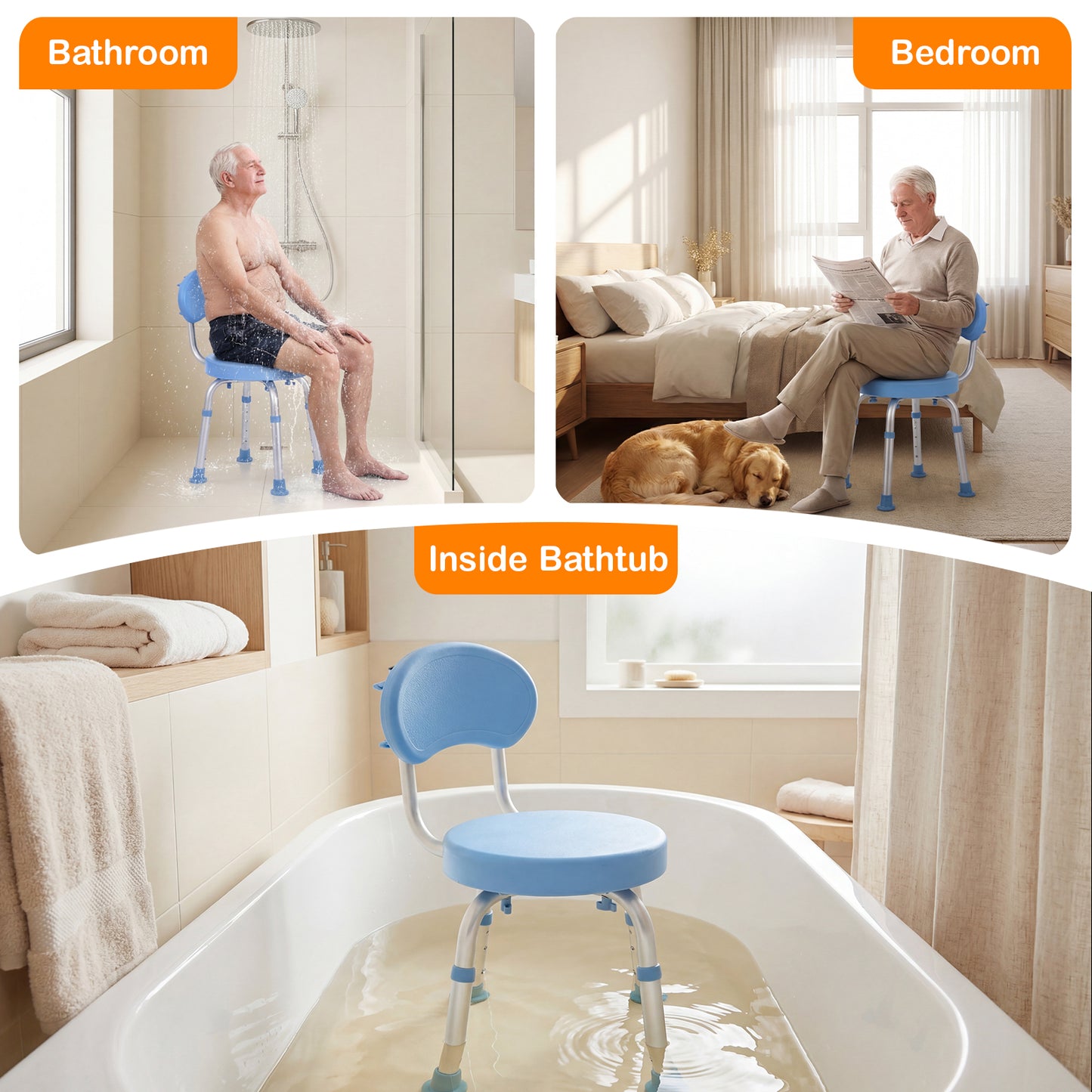 Advwin Adjustable 360° Swivel Shower Chair for Seniors