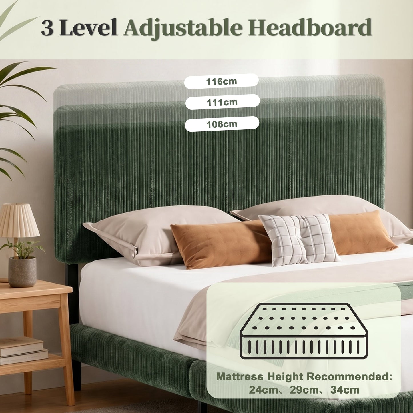 Advwin Upholstered Bed w/ Adjustable Headboard Green