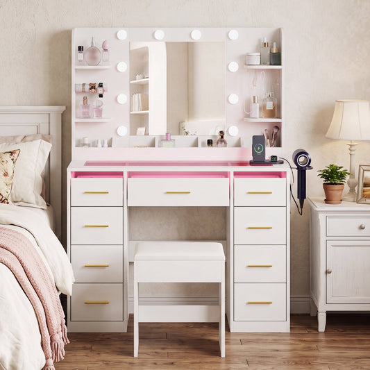 Advwin LED Makeup Vanity w/ Charging Station & 9 Drawers