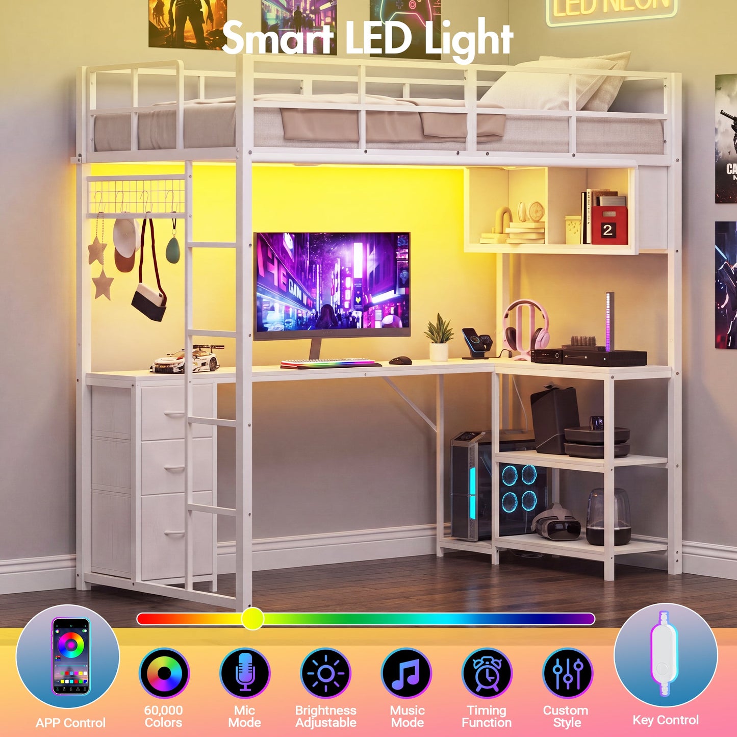 Advwin LED Loft Bed Frame w/ L-Shaped Desk & Charging Station