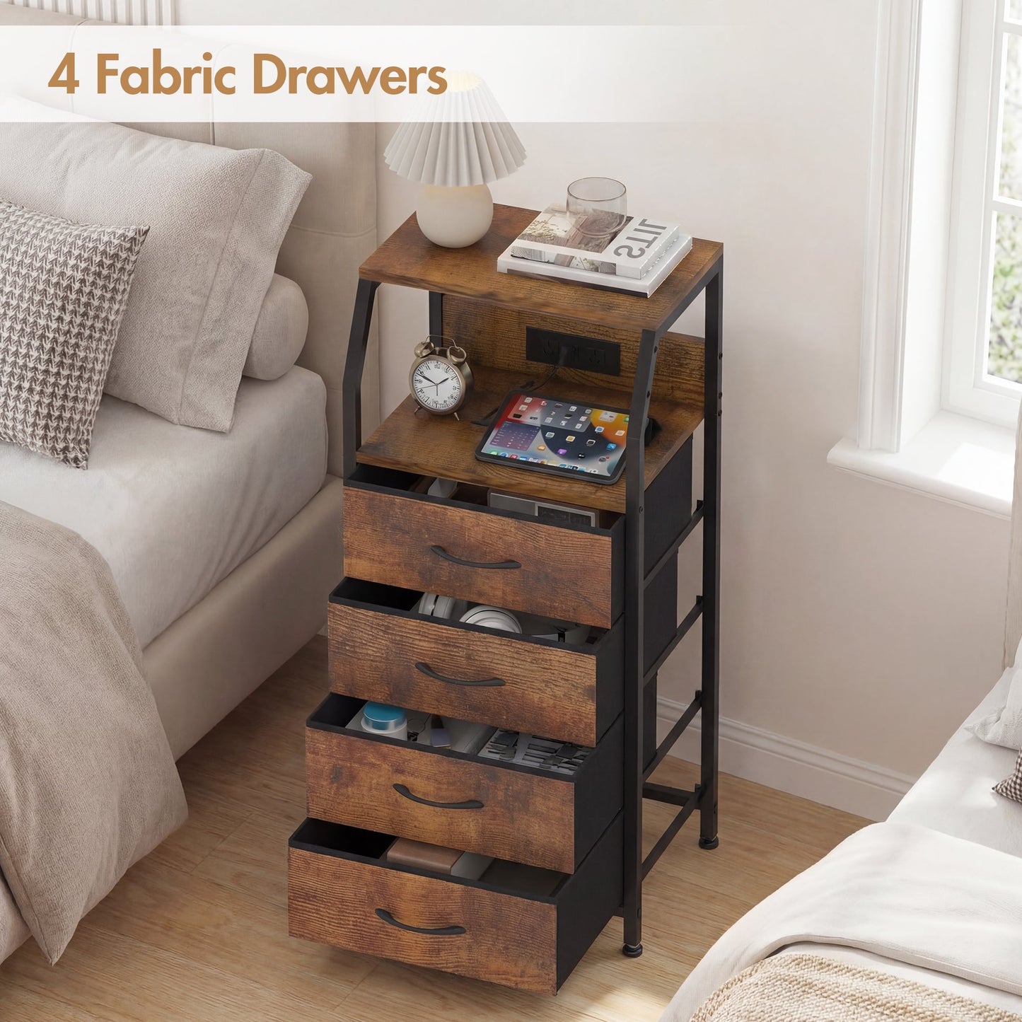 Advwin Bedside Table with 4 Drawers and Charging Station