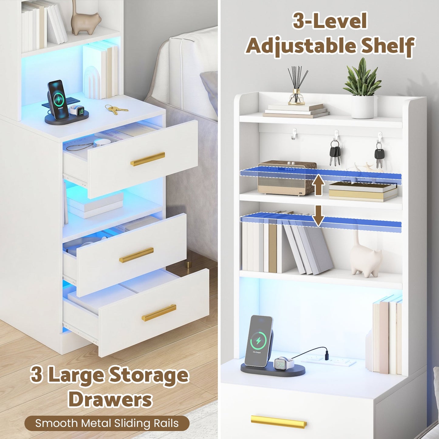 Advwin Set of 2 Tall Bedside Table with Charging Station