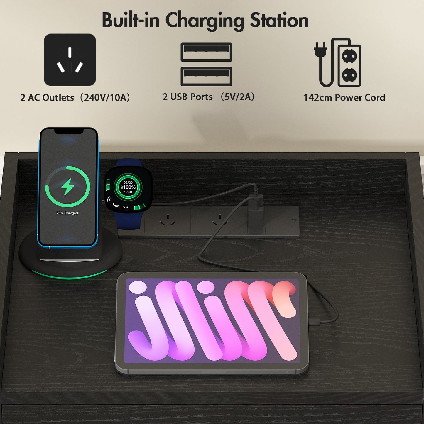 Advwin LED Bedside Table with Charging Station Set of 2