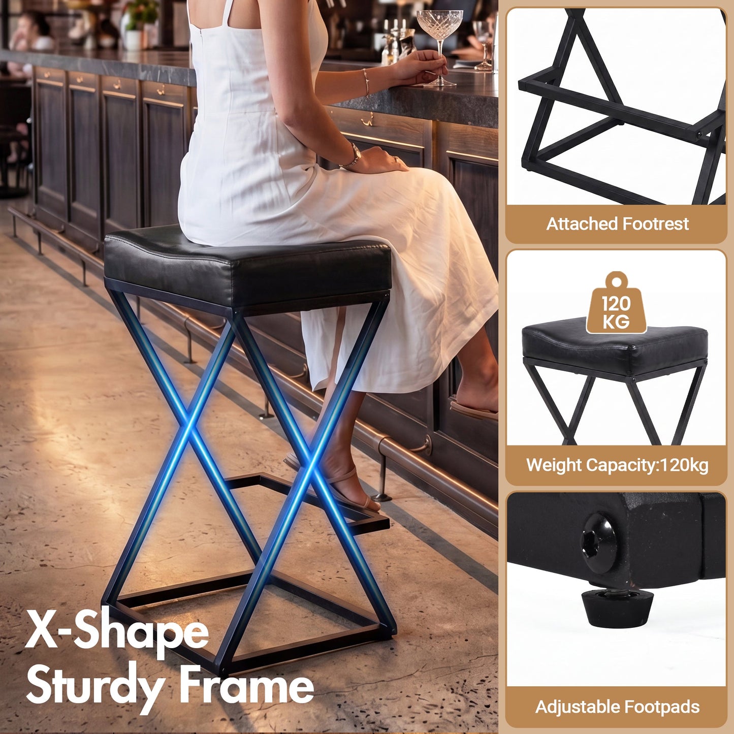 Advwin Set of 4 PU Leather Bar Stools with Footrest