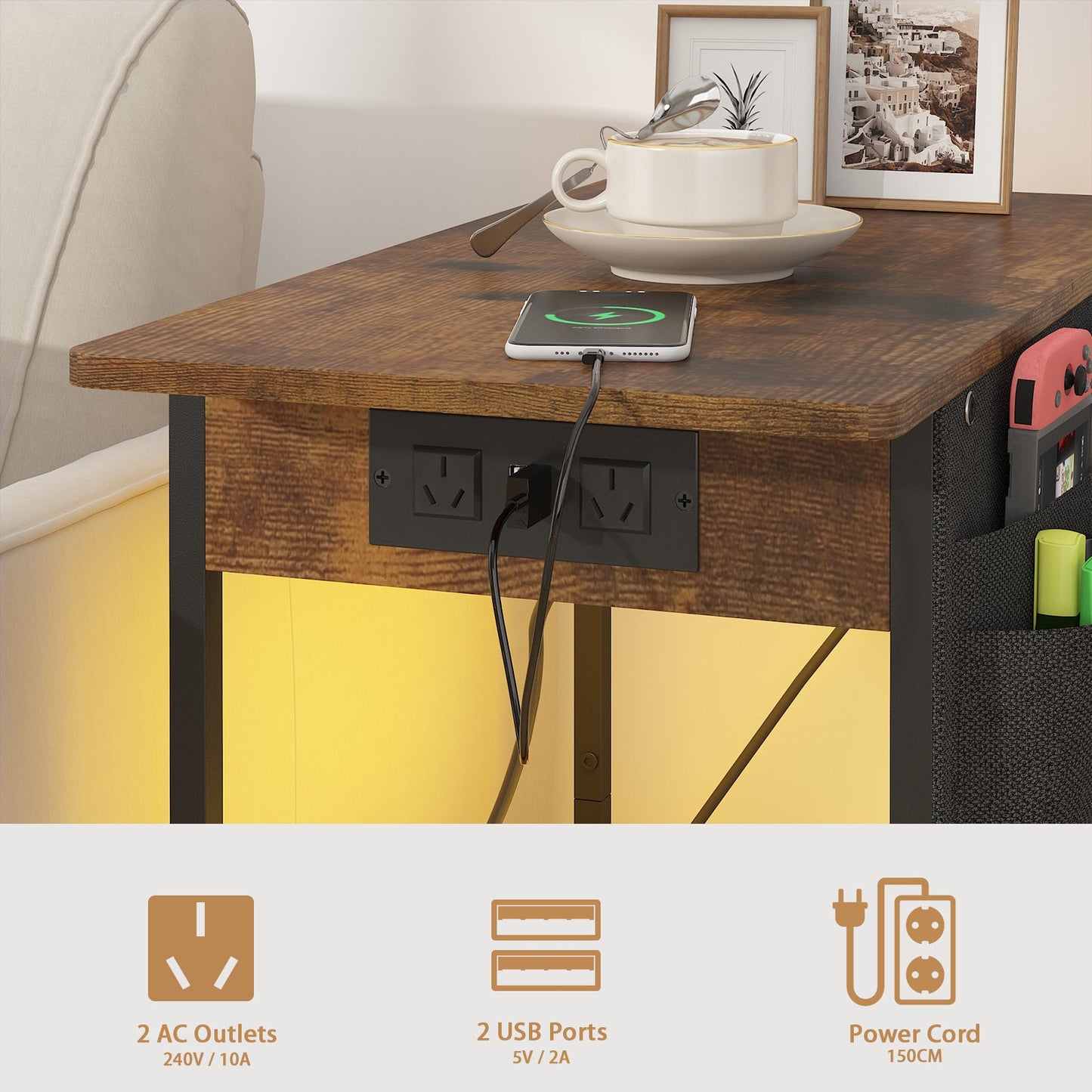 Advwin LED End Table with Charging Station and Drawers