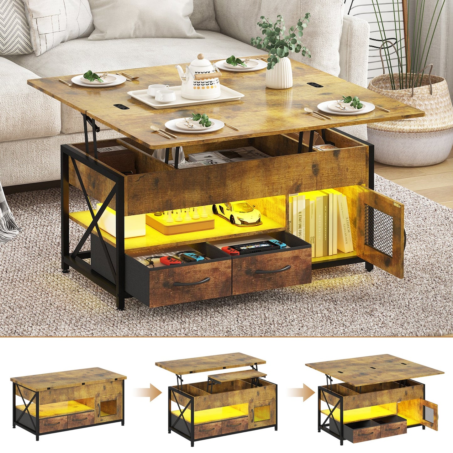 Advwin 4-in-1 LED Lift Top Coffee Table