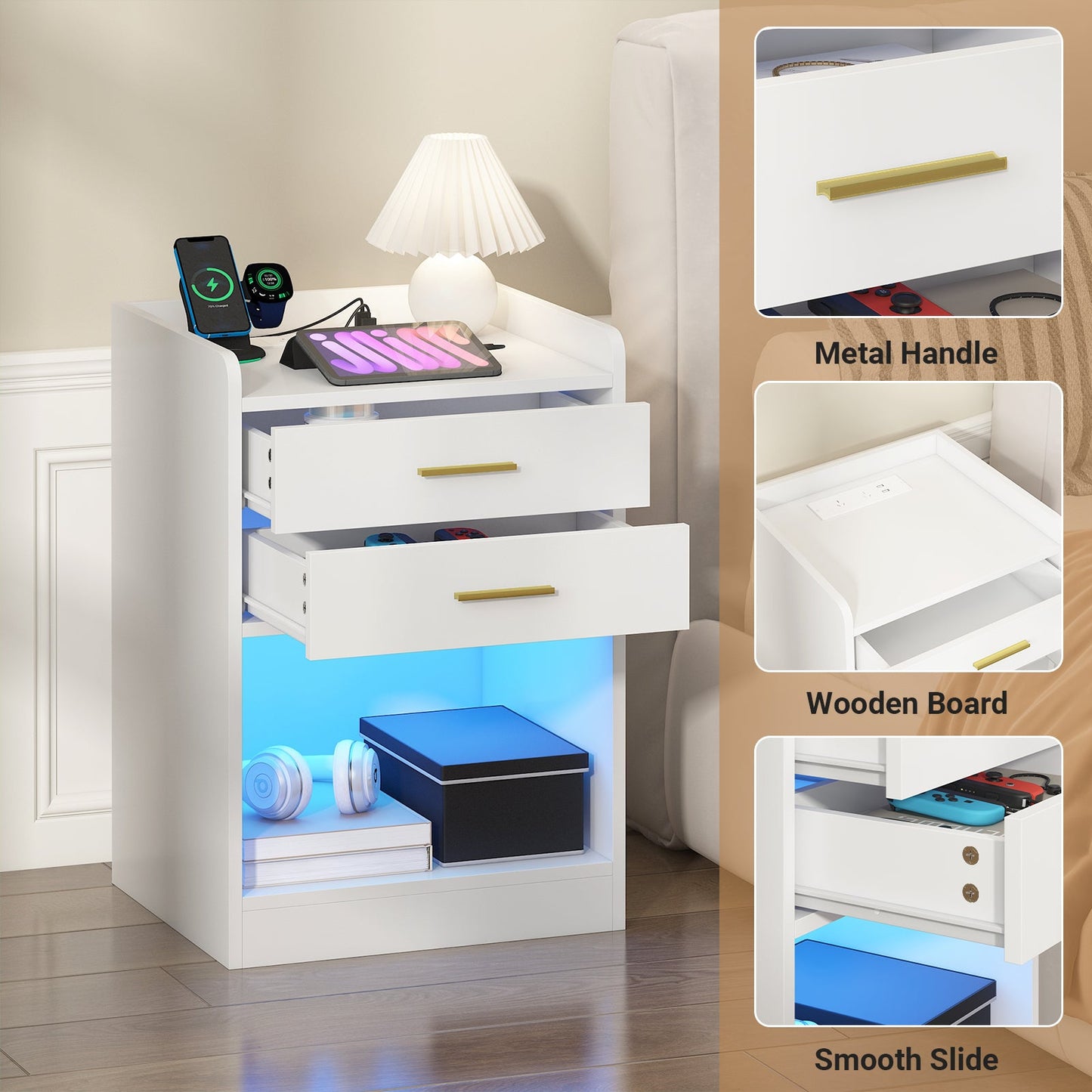 Advwin LED Bedside Table with Charging Station Set of 2