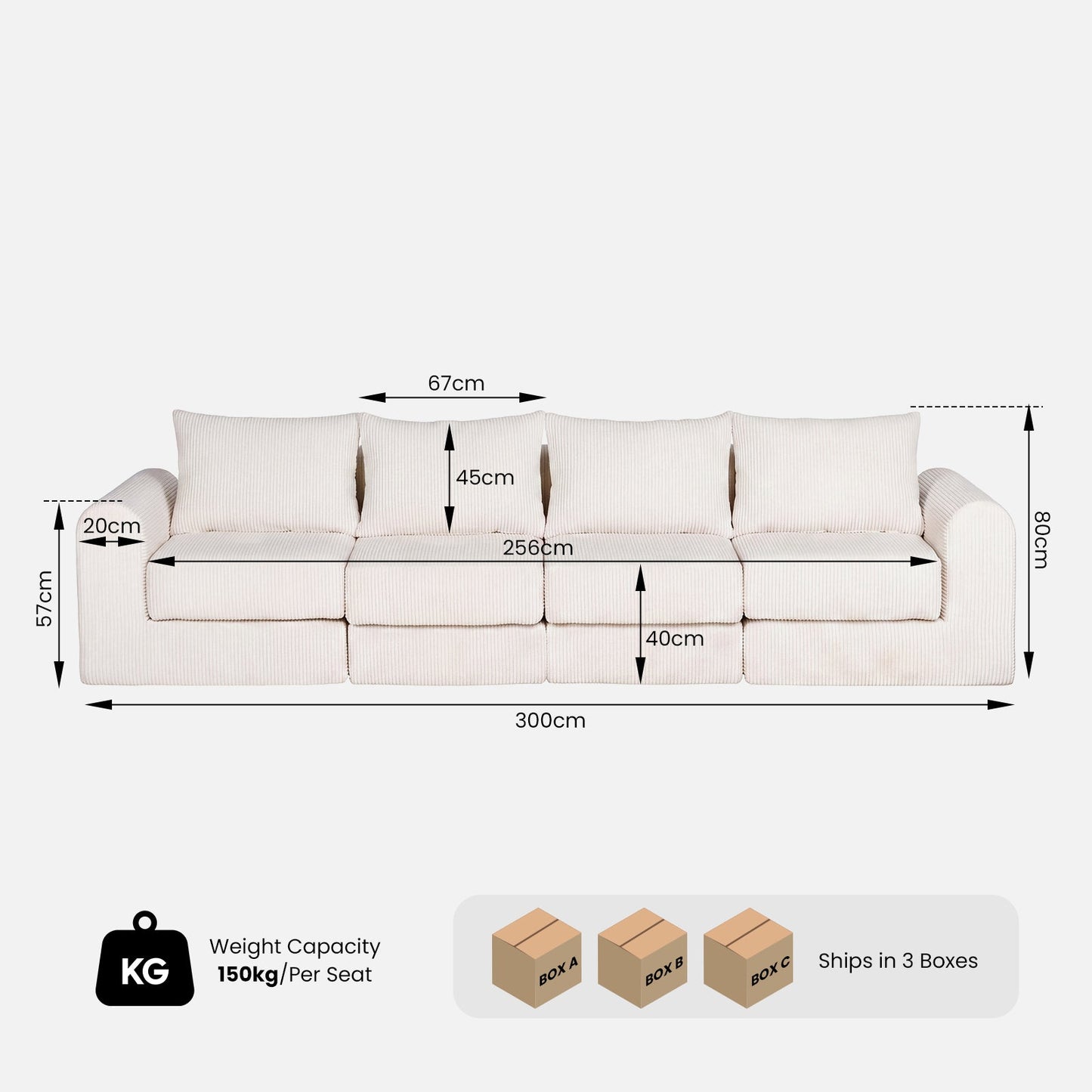 Advwin 300cm Corduroy 4-Seater Modular Sofa Bed