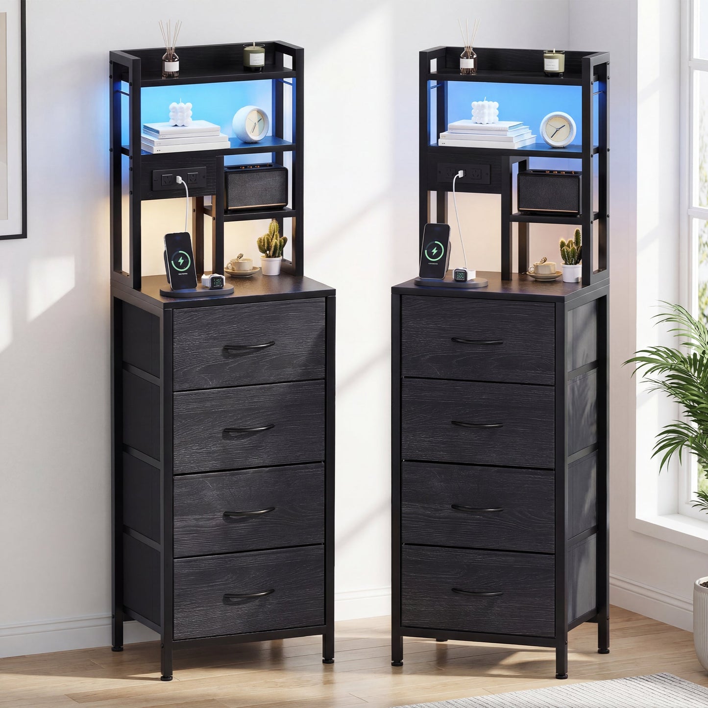 Advwin Tall Bedside Table with Charging Station