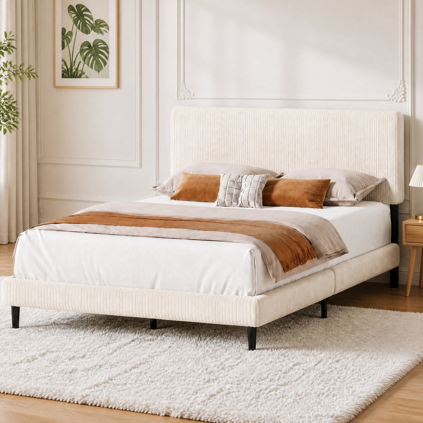 Advwin Upholstered Bed w/ Adjustable Headboard Beige