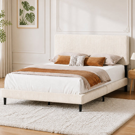 Advwin Upholstered Bed w/ Adjustable Headboard Beige