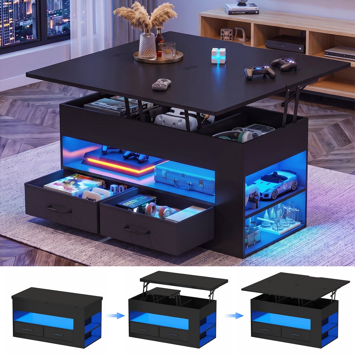 Advwin 4-in-1 Lift Top Coffee Table w/ LED Lights & Storage