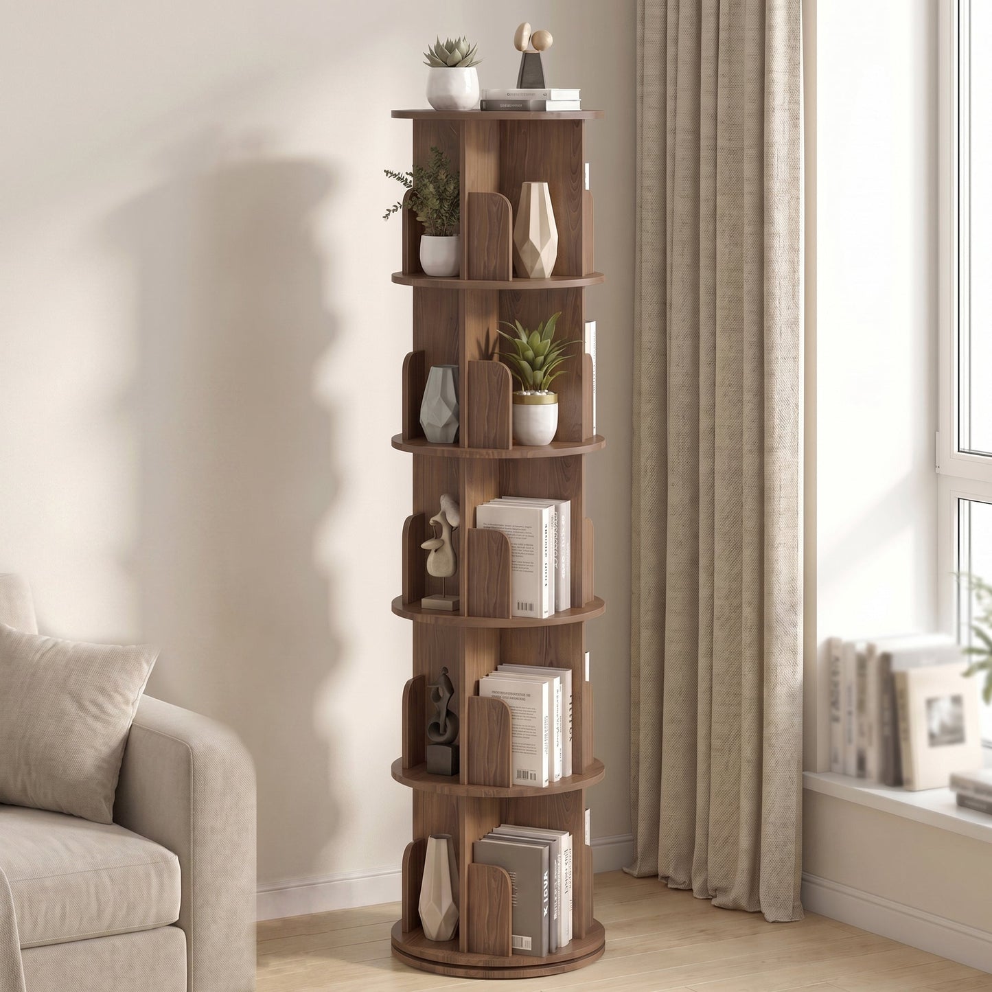Advwin 5-Tier 360° Rotating Bookshelf Brown