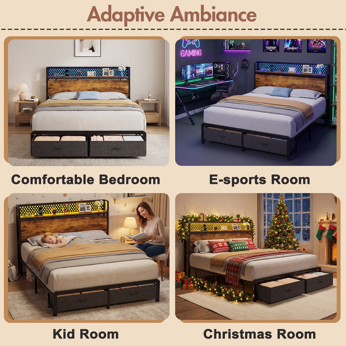 Advwin LED Bed Frame w/ Charging & 2 Drawers