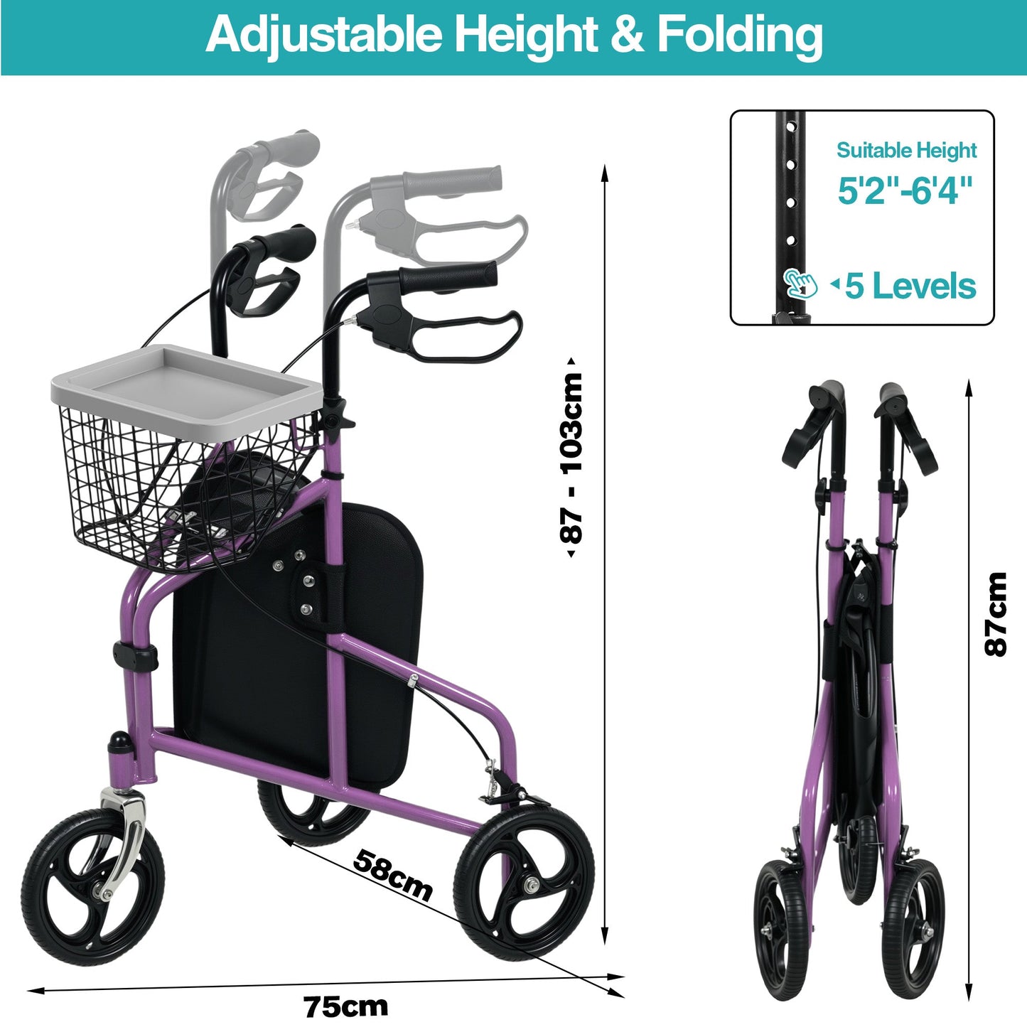 Advwin Rollator Walker 3 Wheel with Basket and Tray