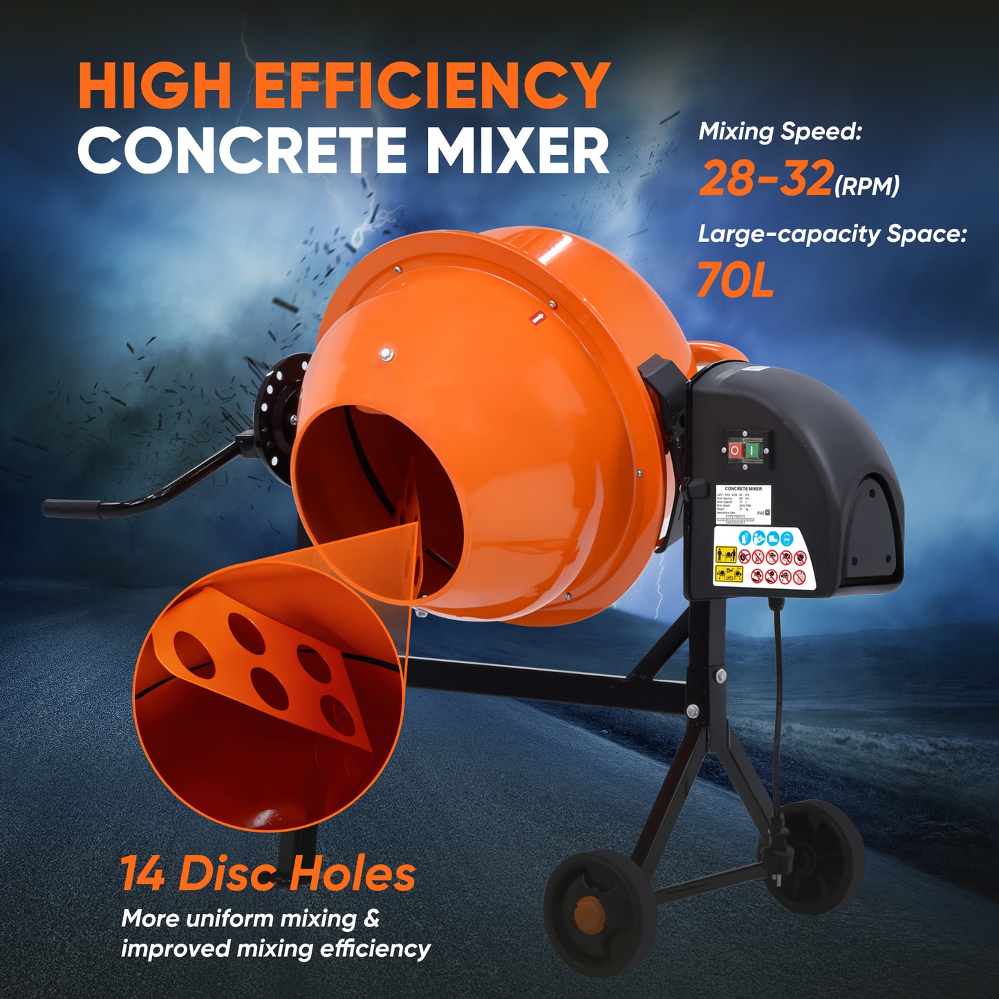 Advwin 70L Electric Concrete Mixer with Wheel & Stand