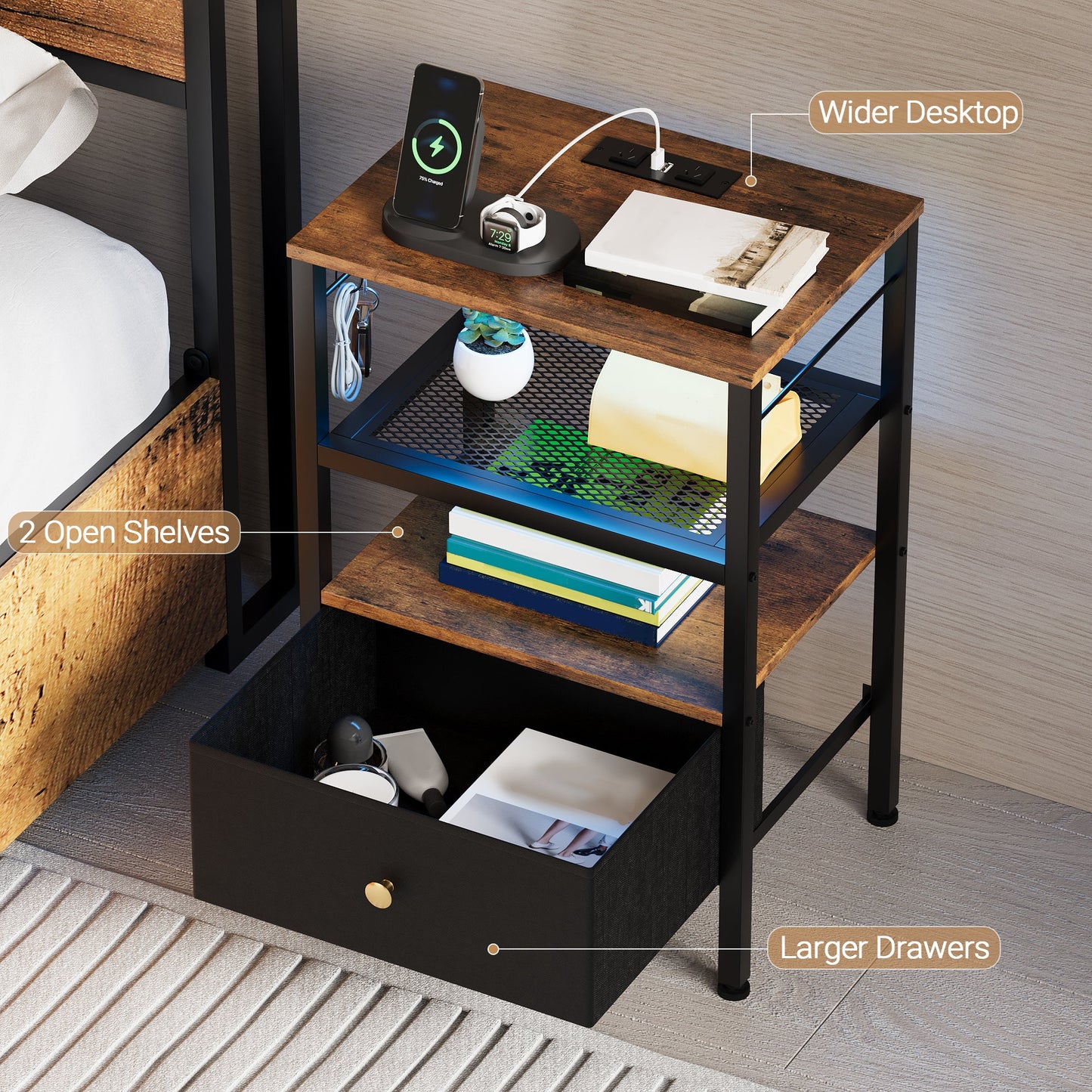 Advwin 3-Tier Bedside Table with Fabric Drawer and Lights