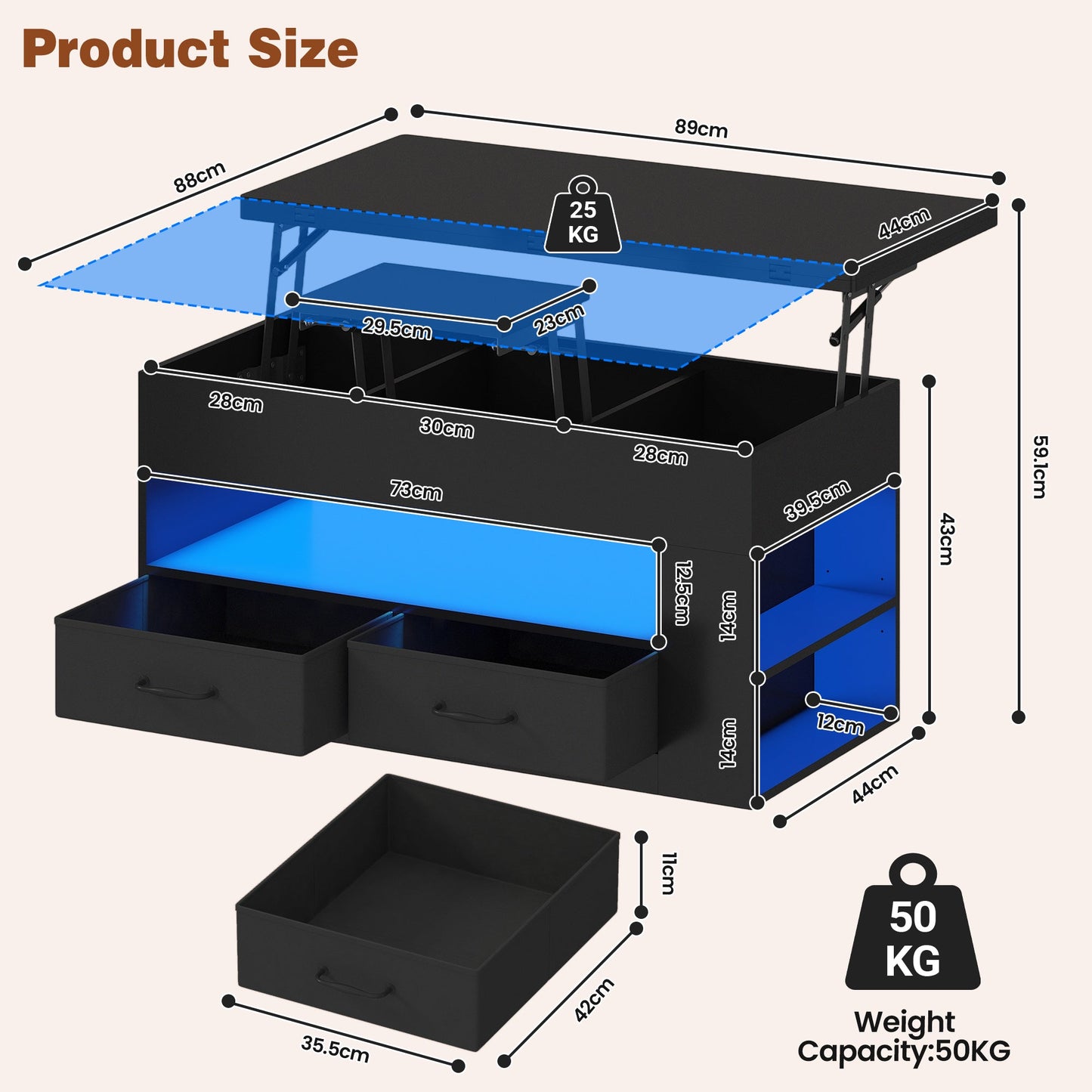 Advwin 4-in-1 Lift Top Coffee Table w/ LED Lights & Storage