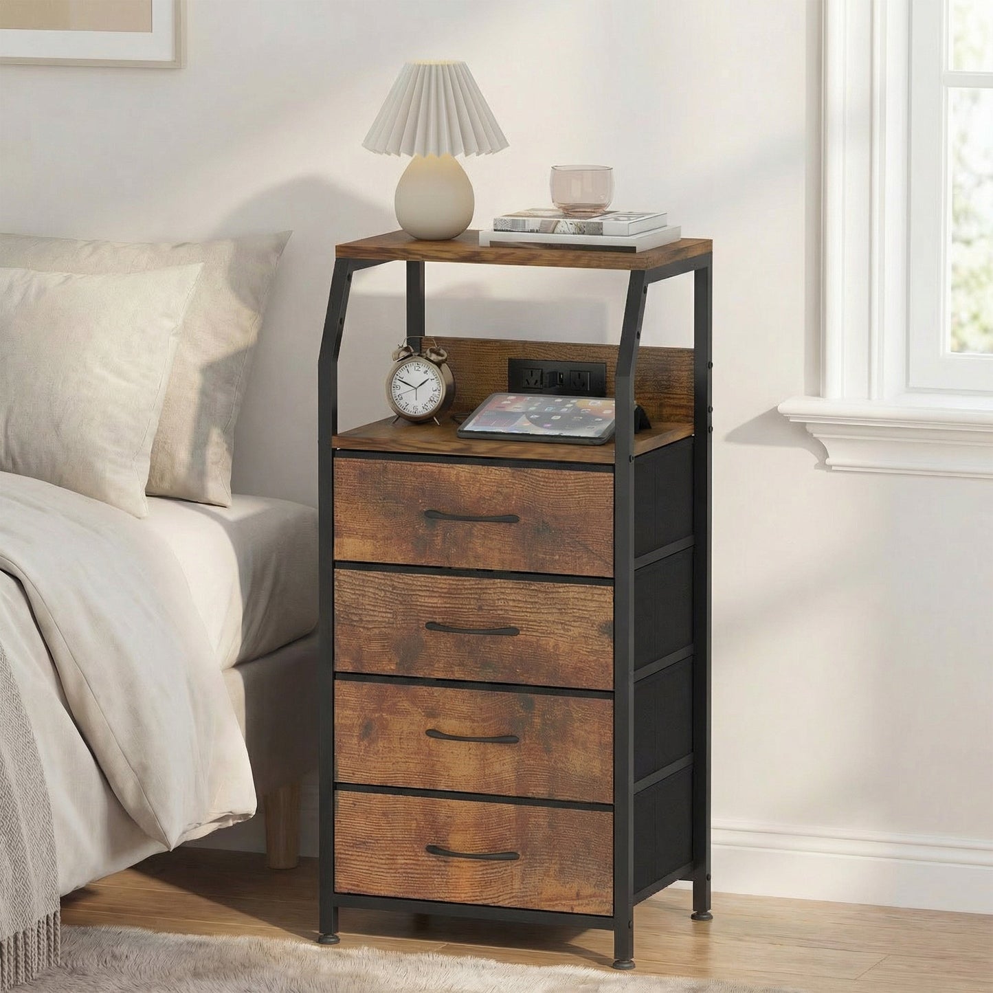 Advwin Bedside Table with 4 Drawers and Charging Station
