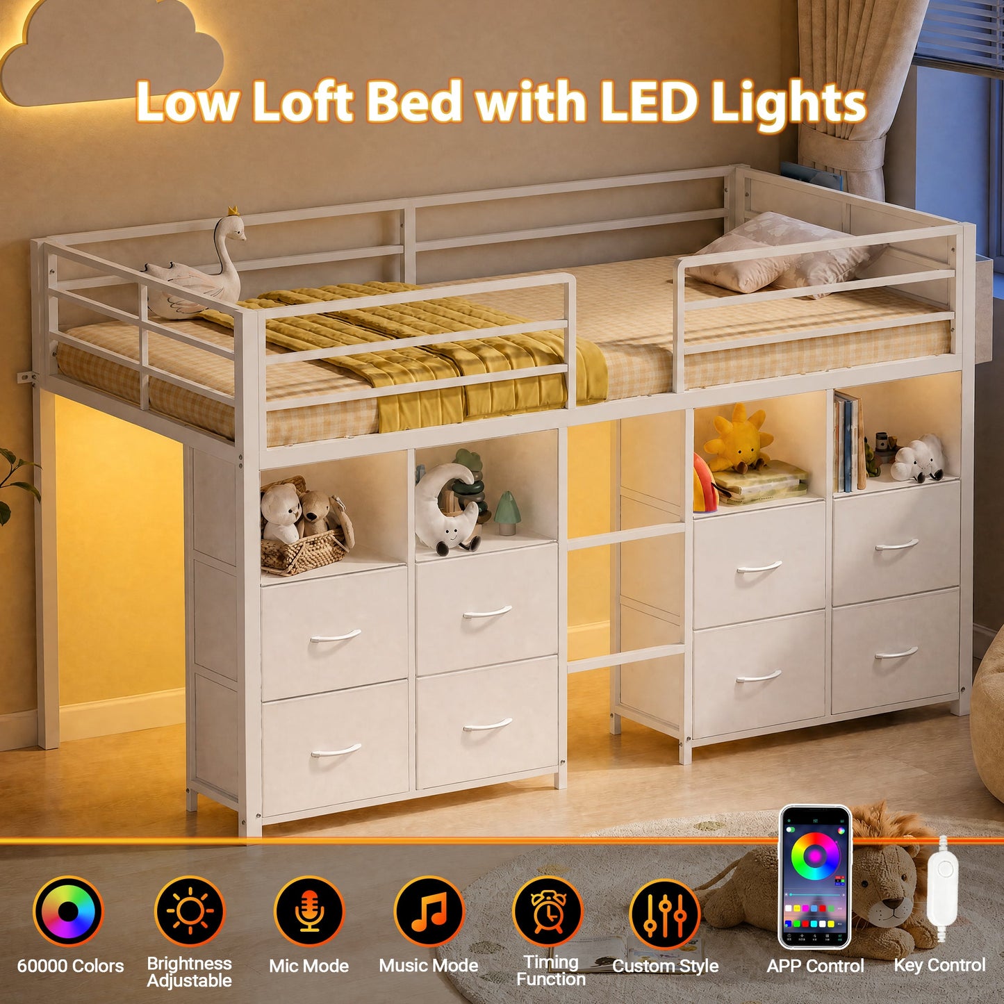 Advwin Low Loft Bed Frame with 8 Drawers & LED Light
