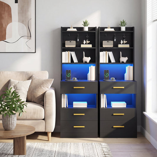 Advwin Set of 2 Tall Bedside Table with Charging Station