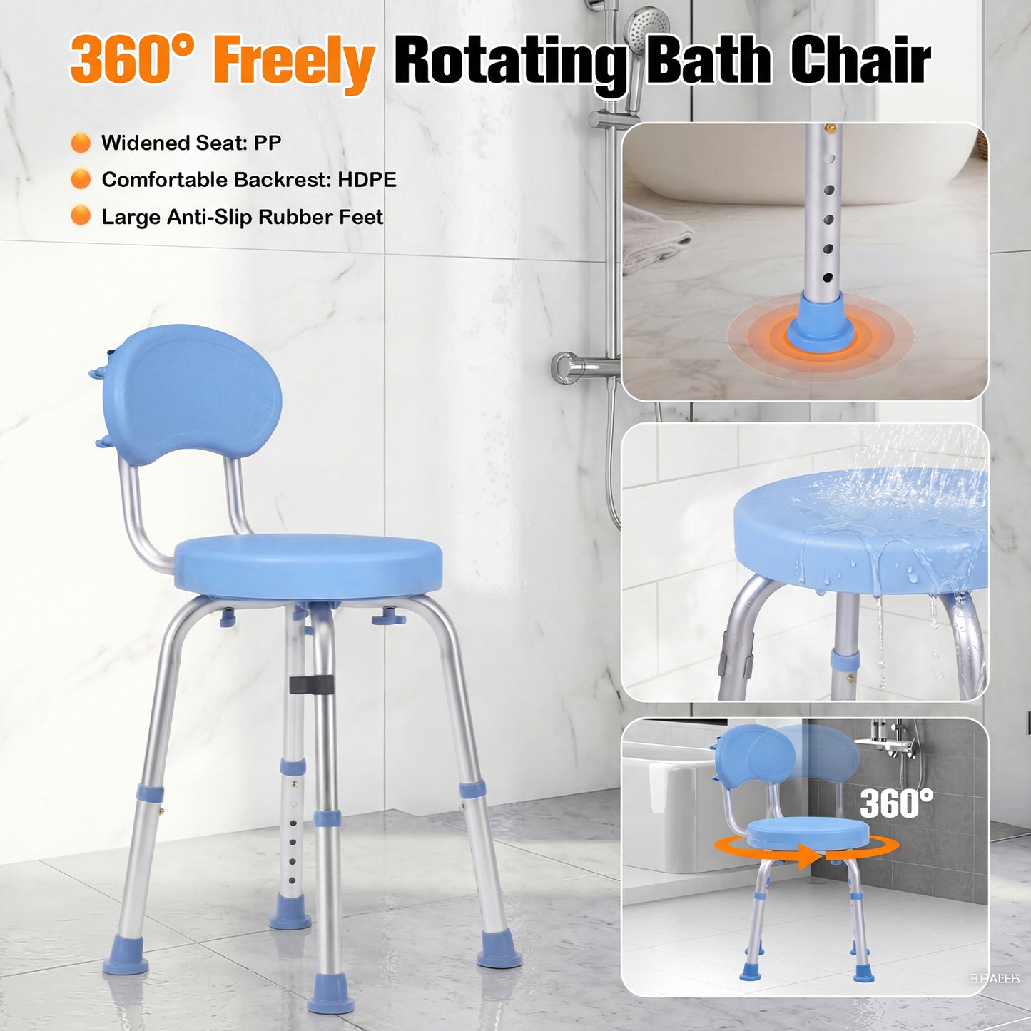Advwin Adjustable 360° Swivel Shower Chair for Seniors
