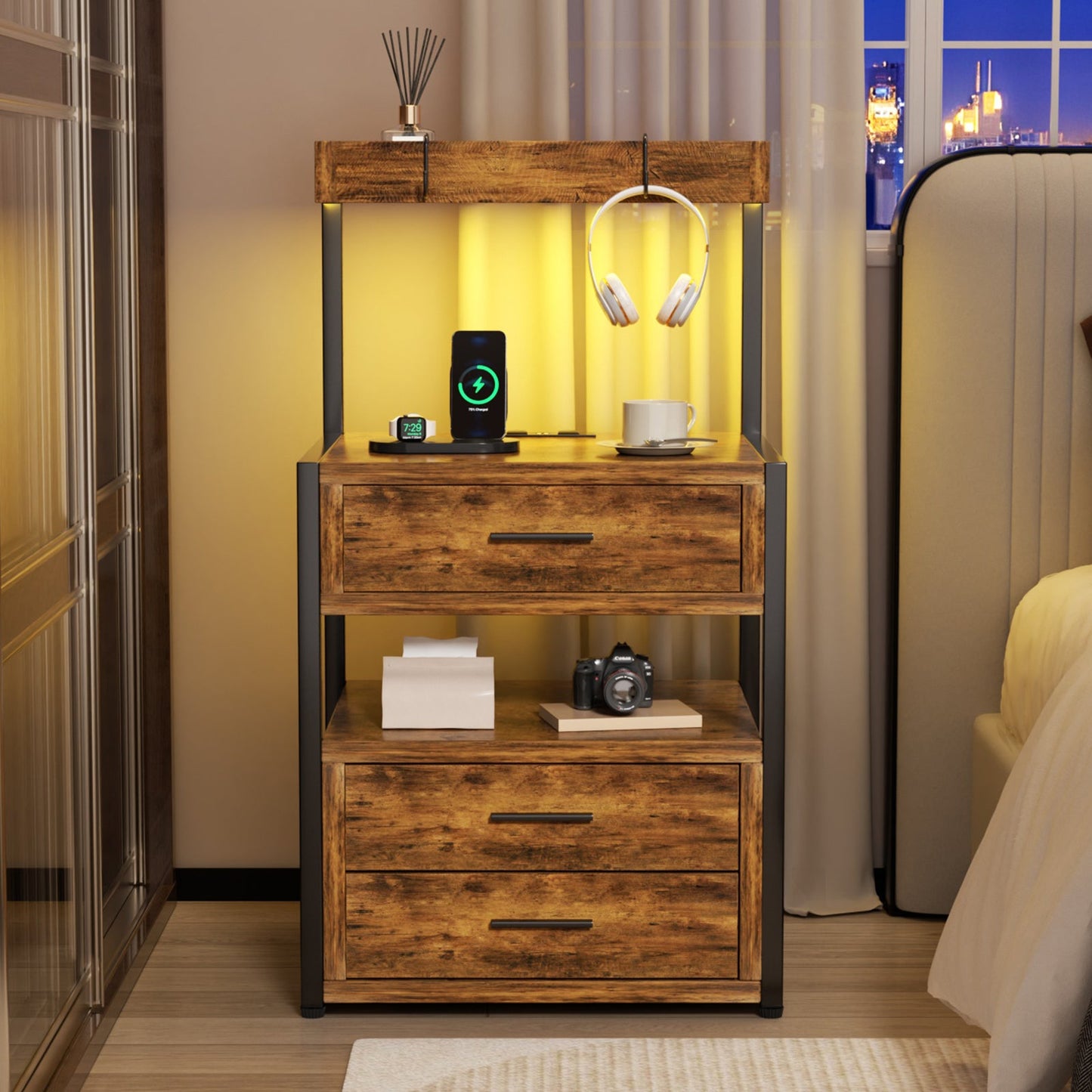Advwin Bedside Table with Charging Station