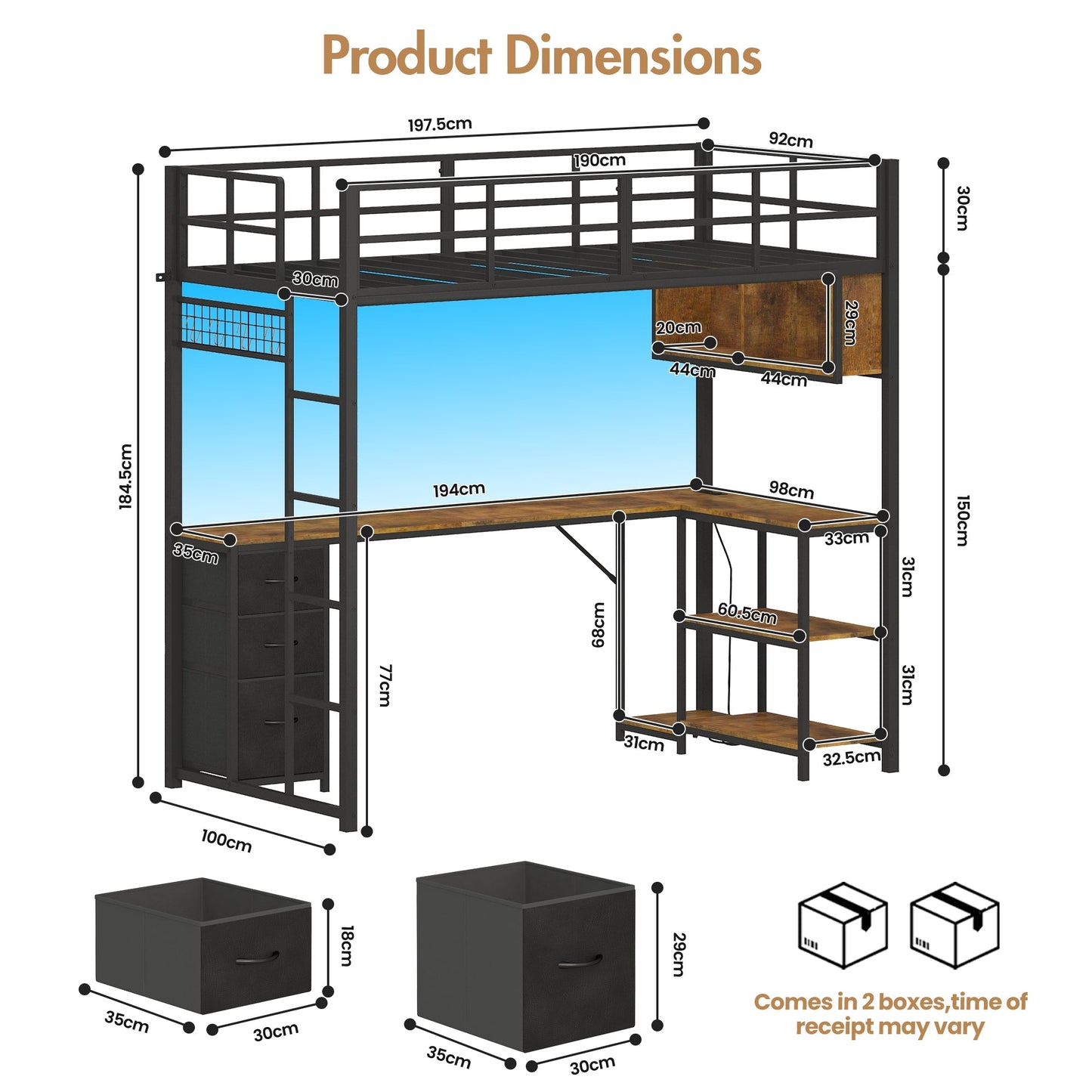 Advwin LED Loft Bed Frame w/ L-Shaped Desk & Charging Station